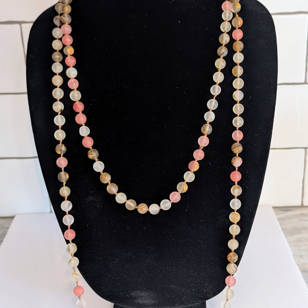 Vintage hand knotted 60in frosted glass bead necklace in soft pastel earth tones
